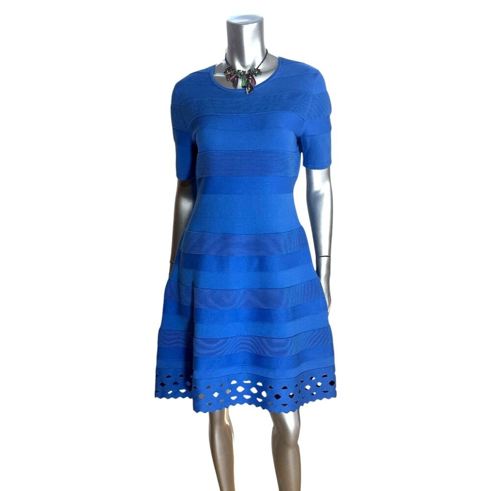 Saks Fifth Avenue Blue Dress with Laser-Cut Hem & Short Sleeves Medium